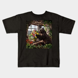 watercolor bear with garden and mixed flowers Kids T-Shirt